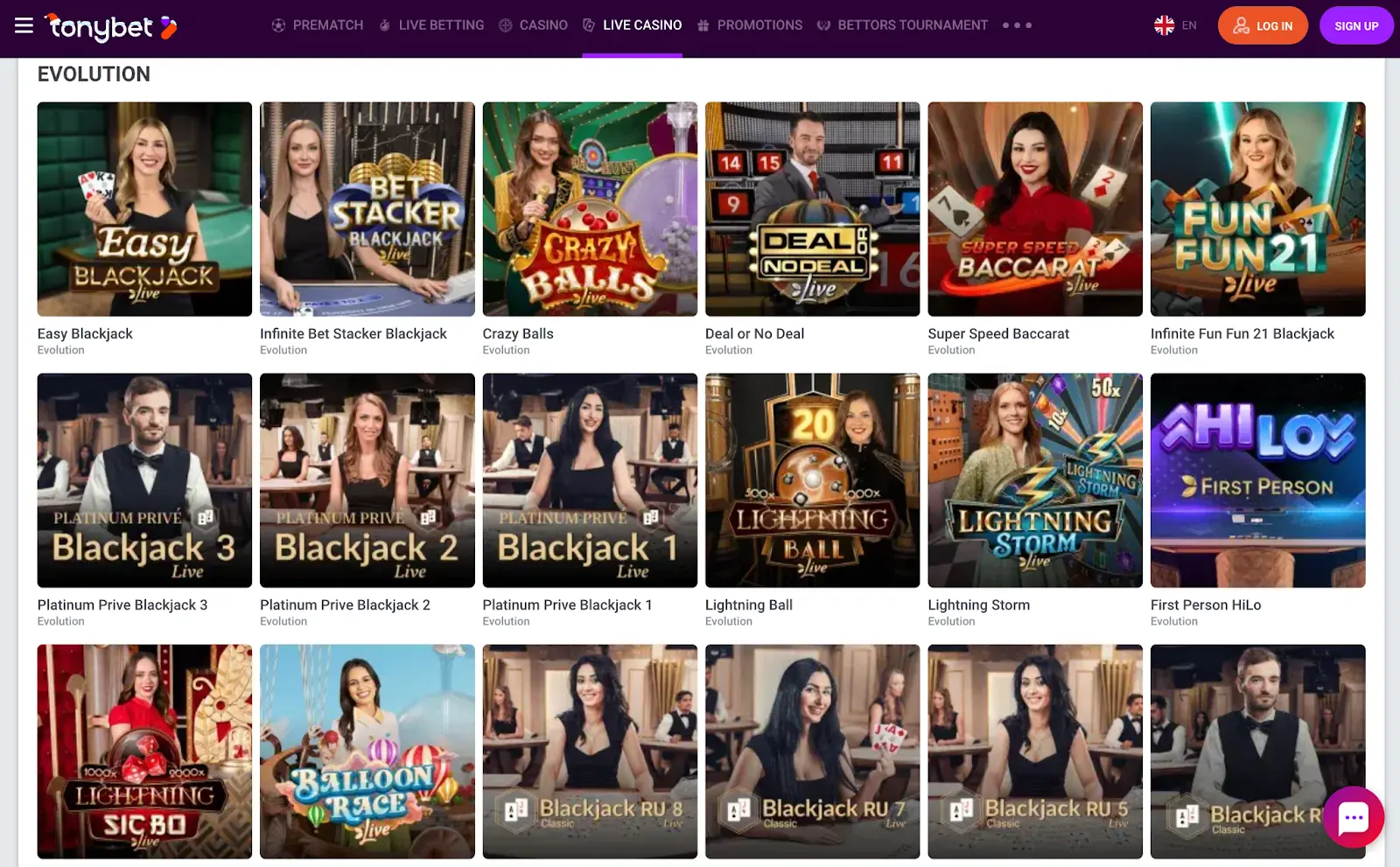 Evolution Live Casino TonyBet
