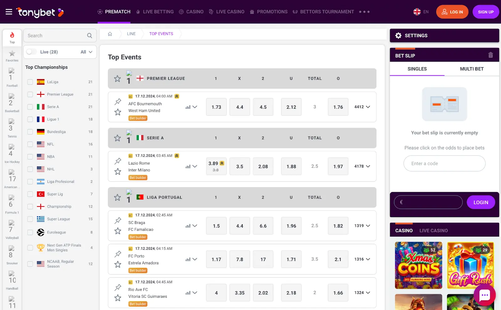 Tonybet Prematch Sports Betting
